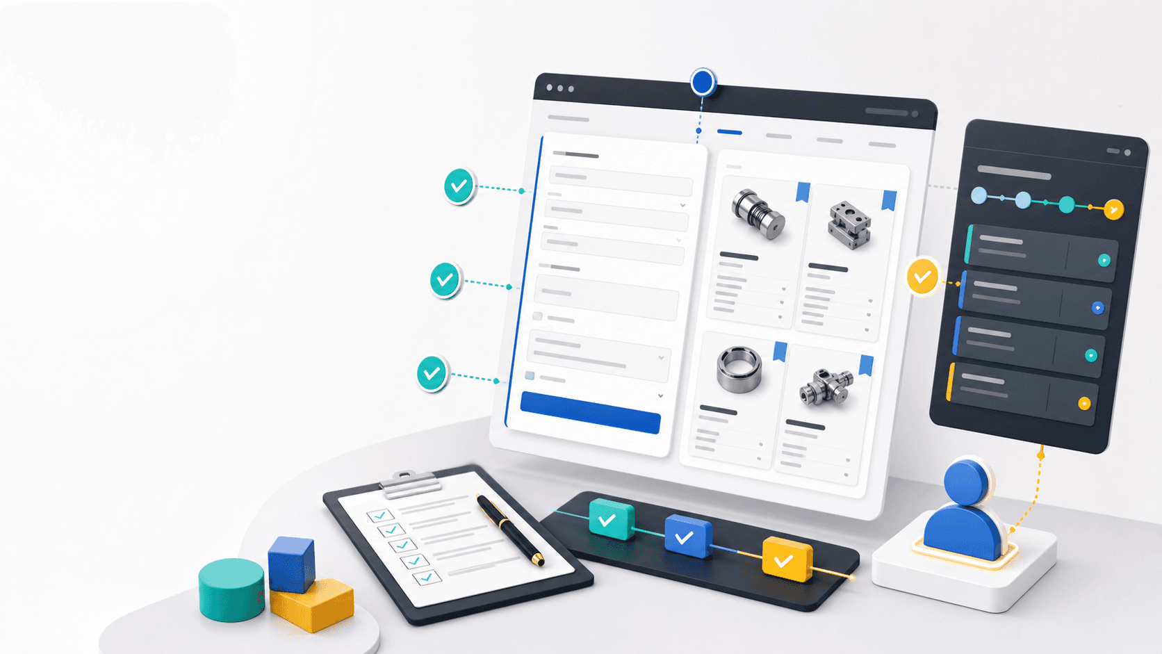 抽象 3D B2B 报价请求页 QA 流程，包含表单字段、产品规格卡片和 CRM 交接检查。