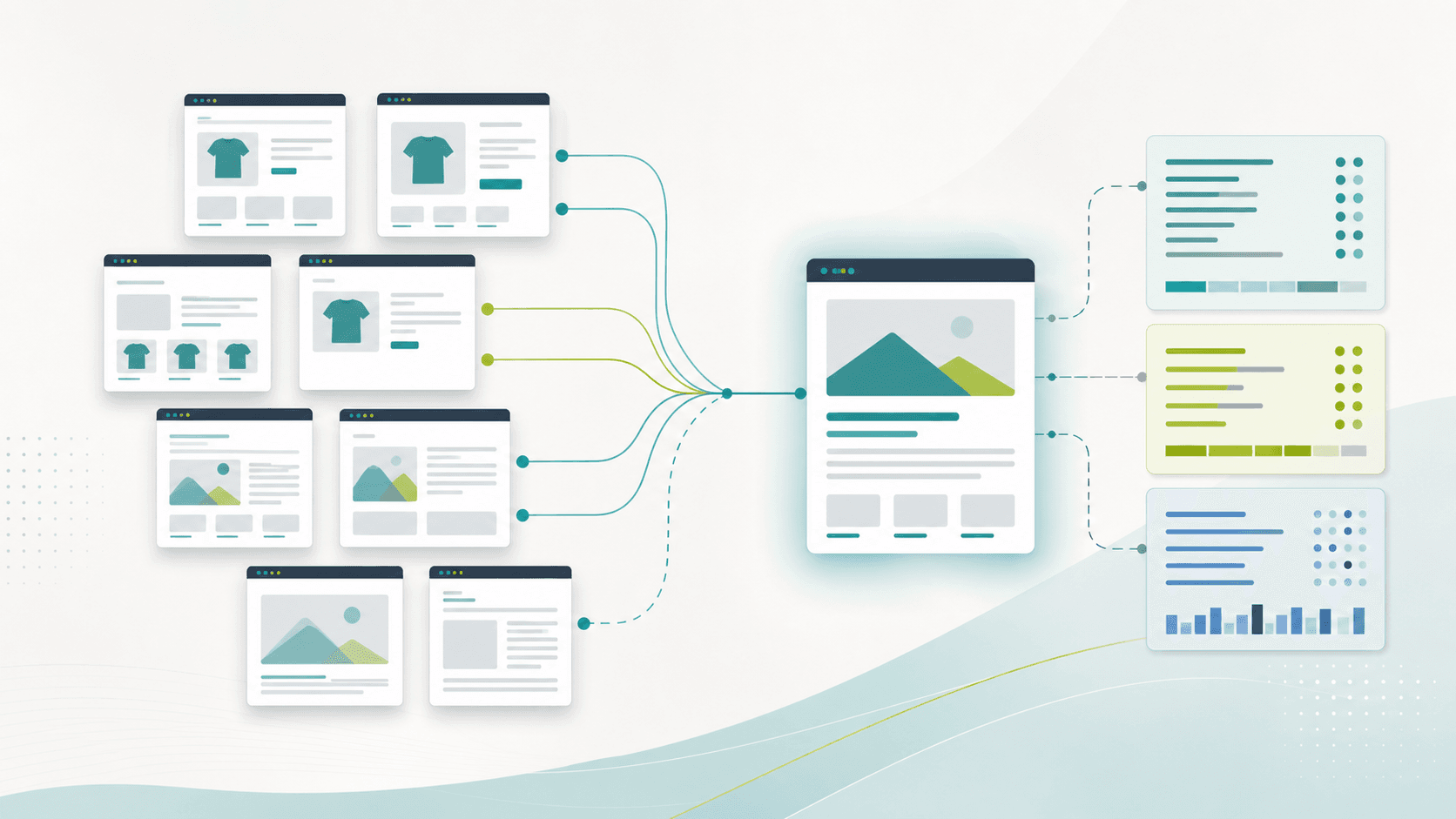 Abstract canonical URL QA workflow with duplicate website cards merging into one primary page, route lines, and technical SEO checklist panels