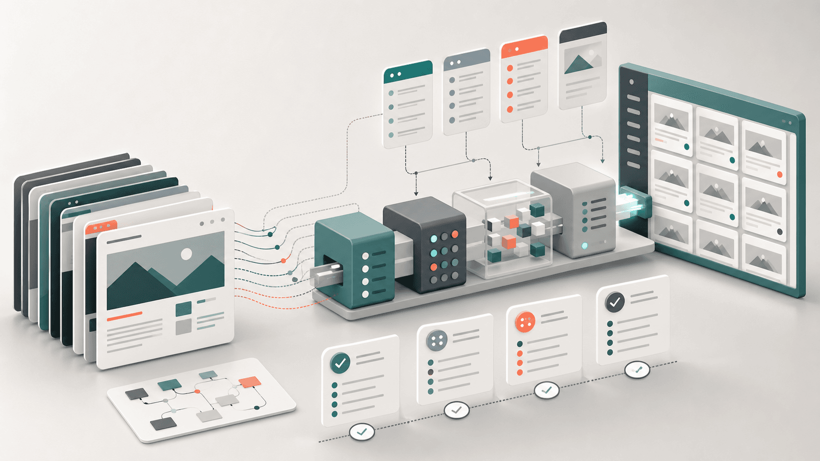 Abstract CMS content migration workflow with page cards, metadata panels, QA checkpoints, and a destination content grid