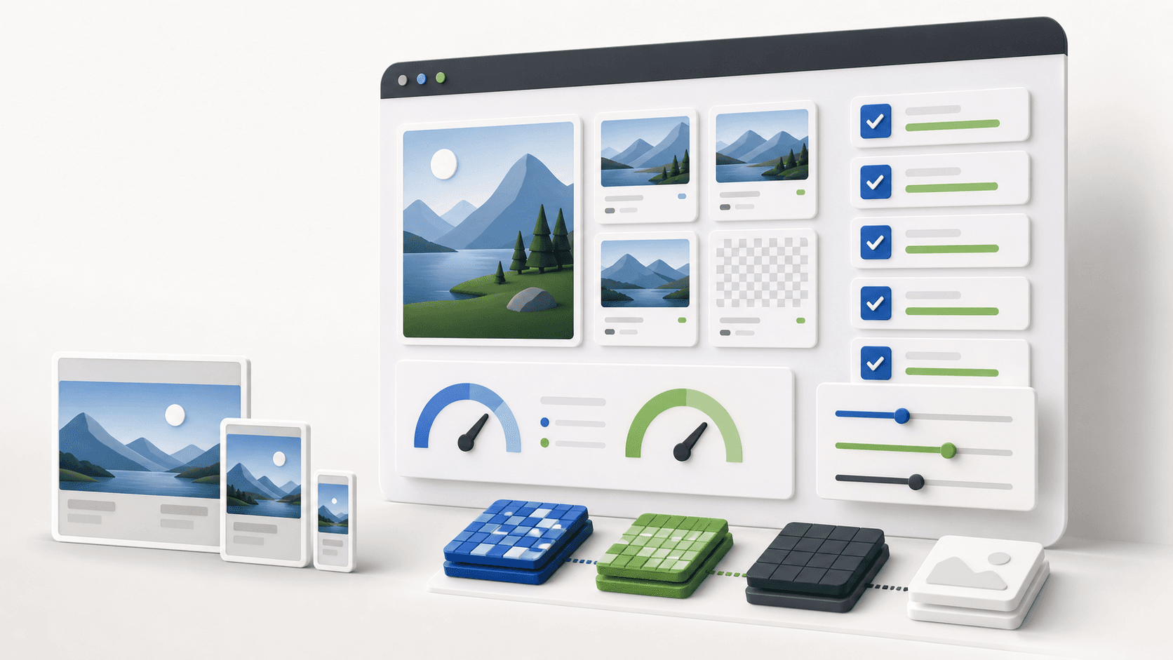 Abstract image SEO performance dashboard with responsive image cards, compression controls, checklist rows, and speed gauges