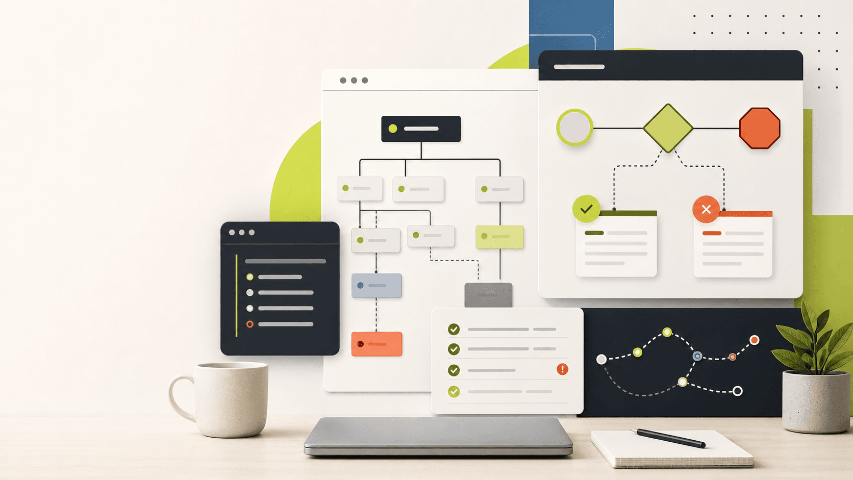 Abstract technical SEO crawl-control dashboard with robots gates, noindex checks, sitemap paths, and launch QA indicators