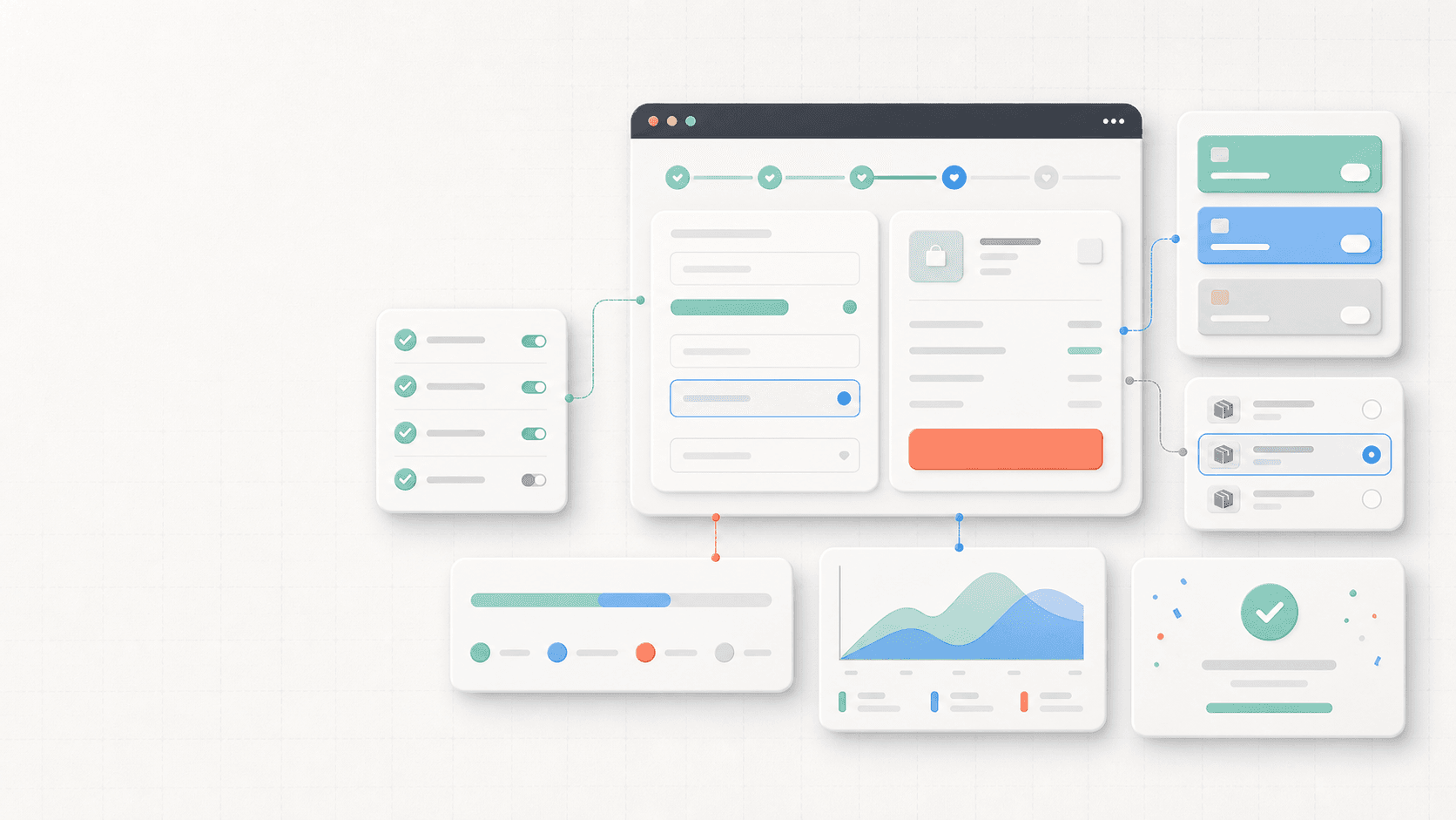 Abstract Shopify checkout QA workspace with checkout panels, payment cards, checklist rows, analytics chart, and order confirmation states