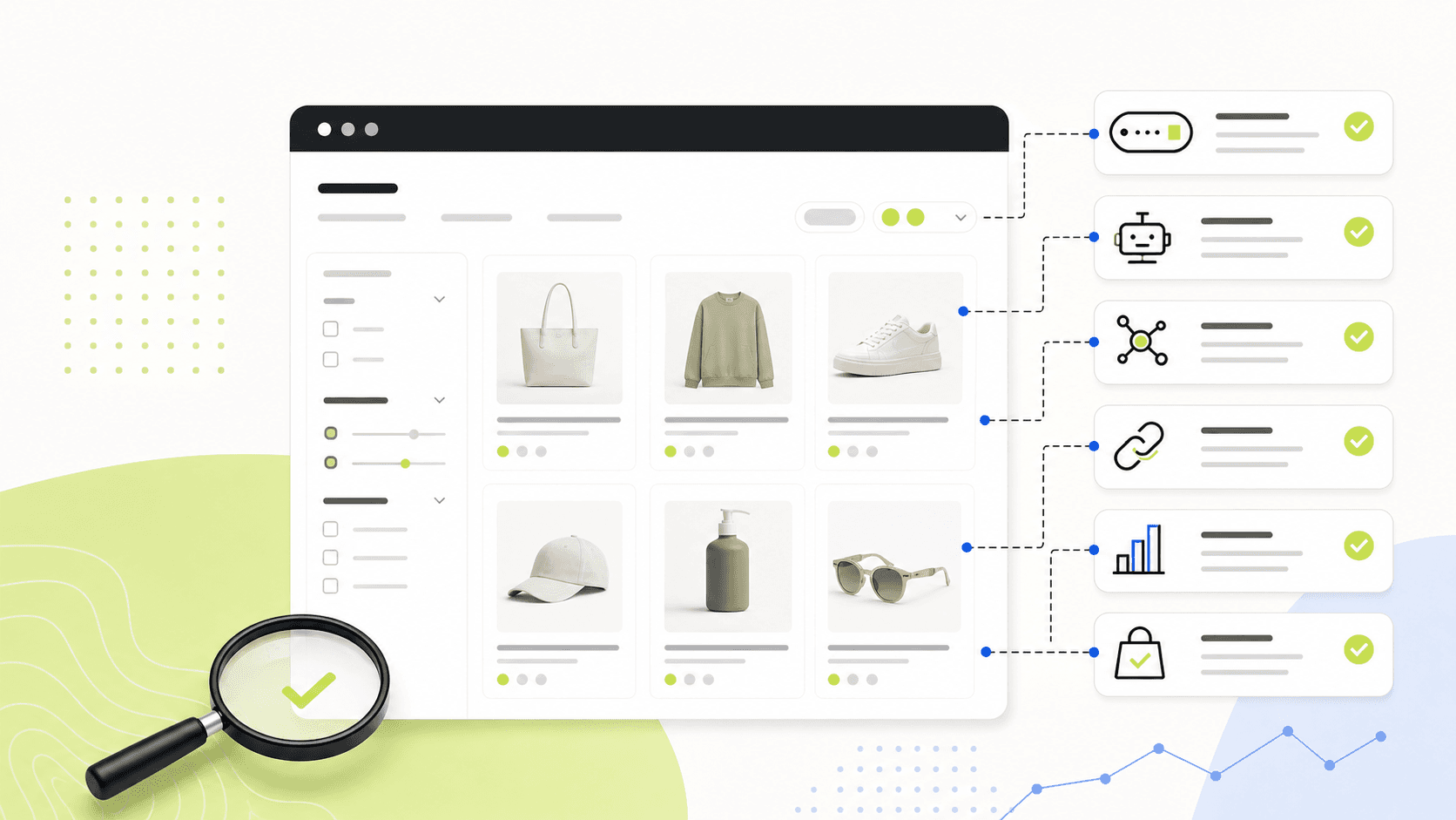 Original editorial illustration of a Shopify collection page SEO QA dashboard with a clean logo-free corner
