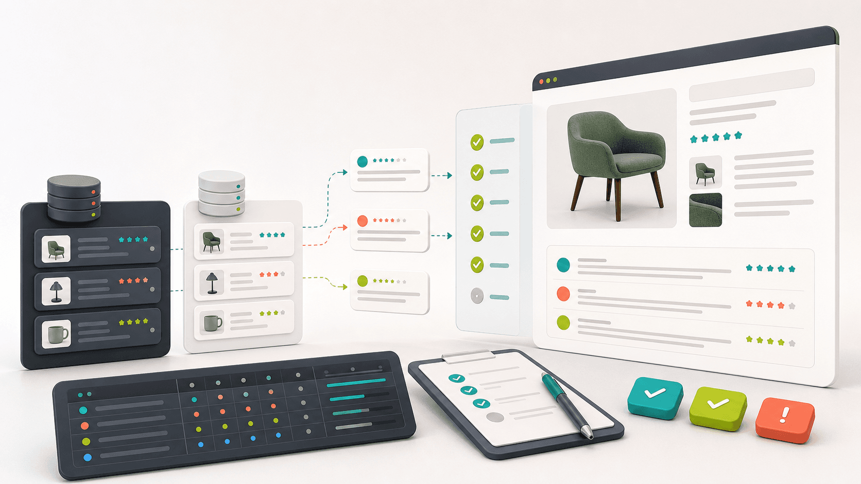 Abstract Shopify review migration QA workspace with review cards, star ratings, product page panels, and checklist status indicators.