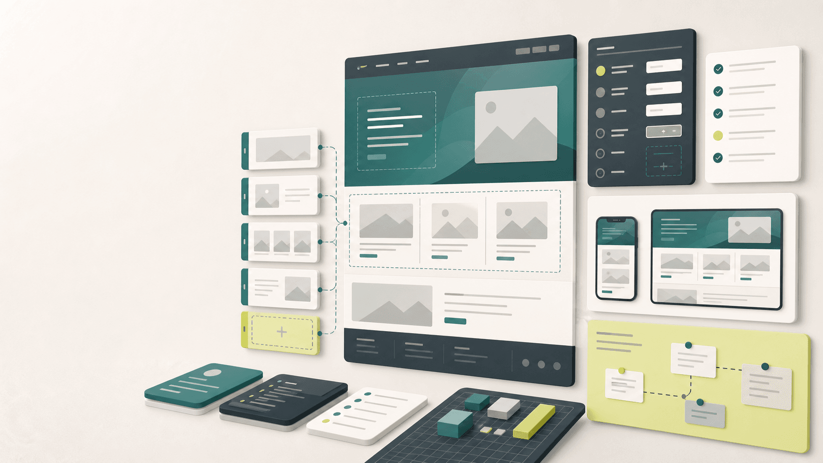Abstract Shopify section documentation workspace with modular storefront blocks, field schema cards, preview panels, and QA checklist columns