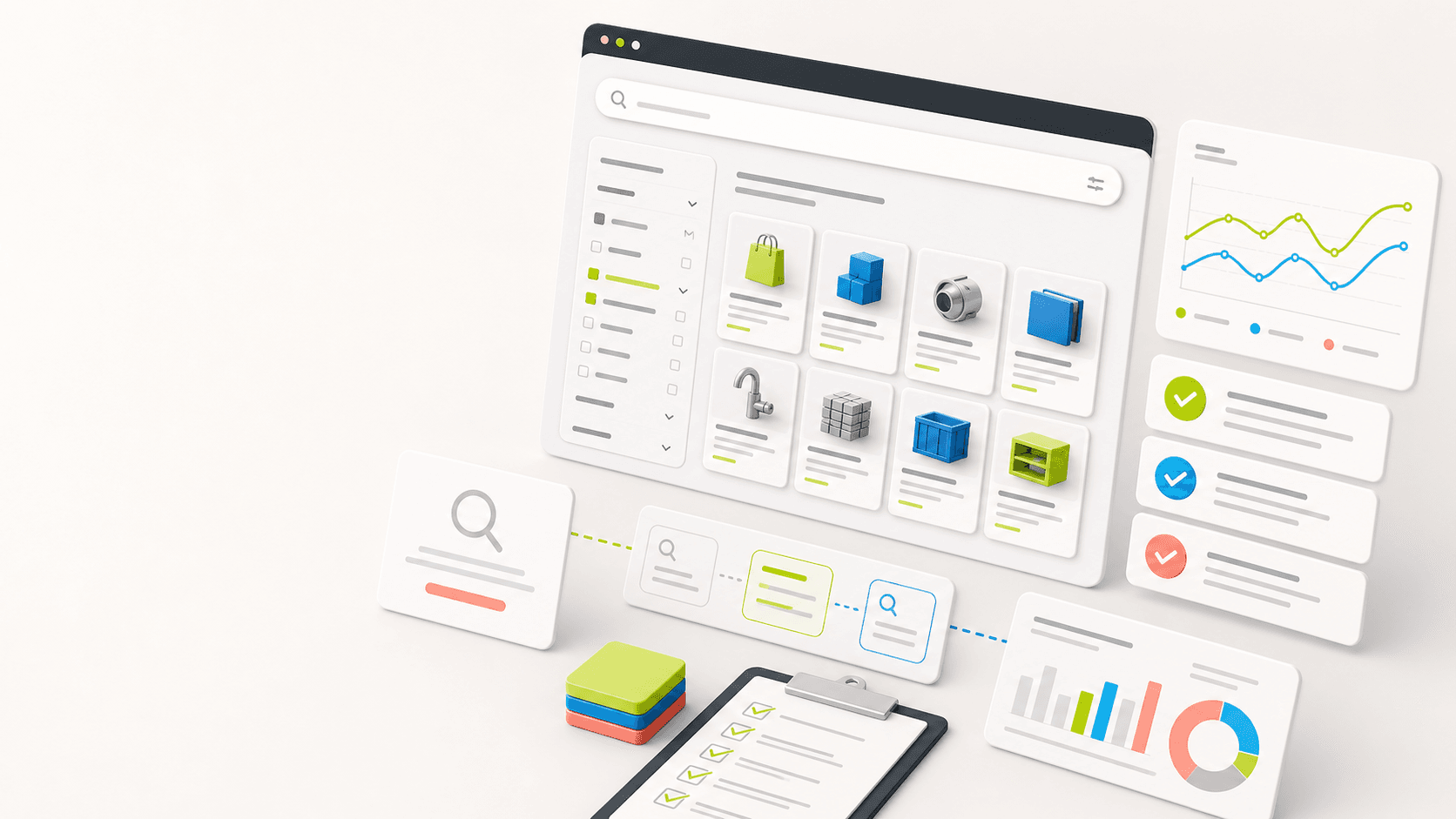 Abstract site search QA dashboard with search results grid, filters, checklist cards, and analytics charts for ecommerce and B2B websites