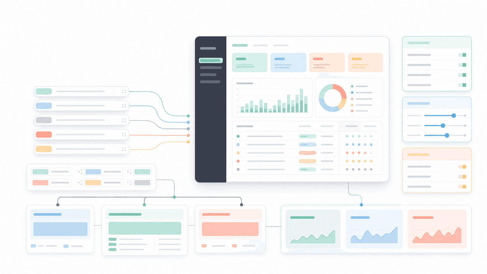 Abstract technical SEO QA dashboard showing URL parameter chips, routing lines, filter cards, canonical decisions, and analytics charts