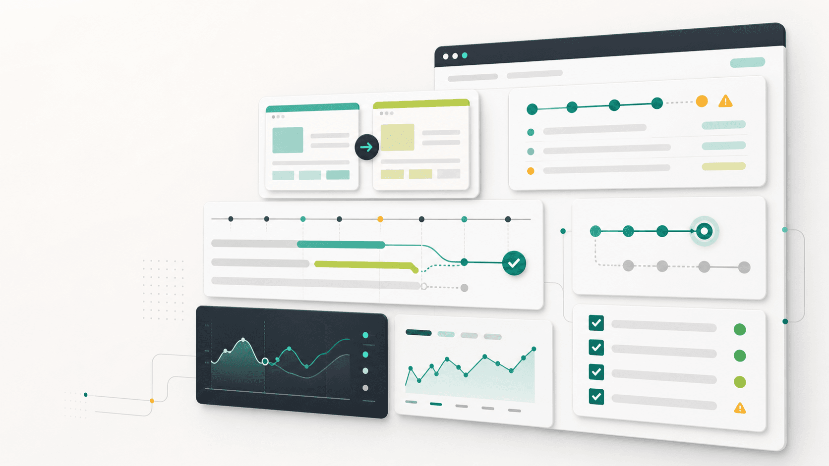 Abstract website regression incident dashboard with recovery timeline, QA checklist cards, rollback path, and SEO monitoring panels