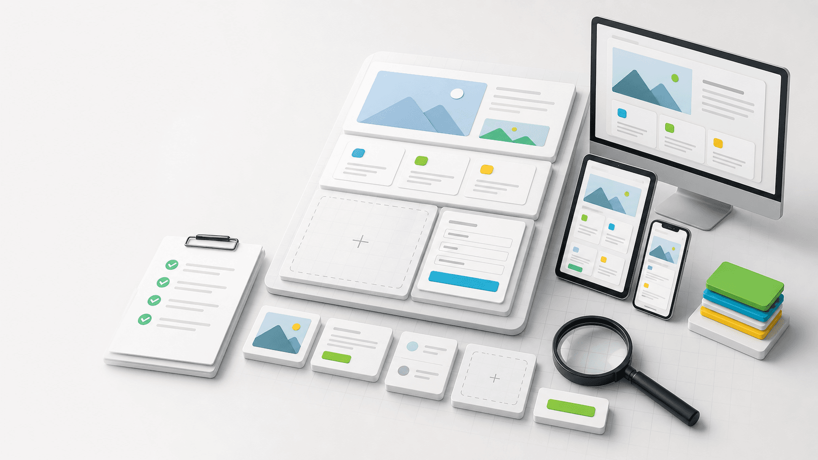 Abstract WordPress block editor QA workspace with modular content blocks, responsive previews, a checklist, and inspection tools.