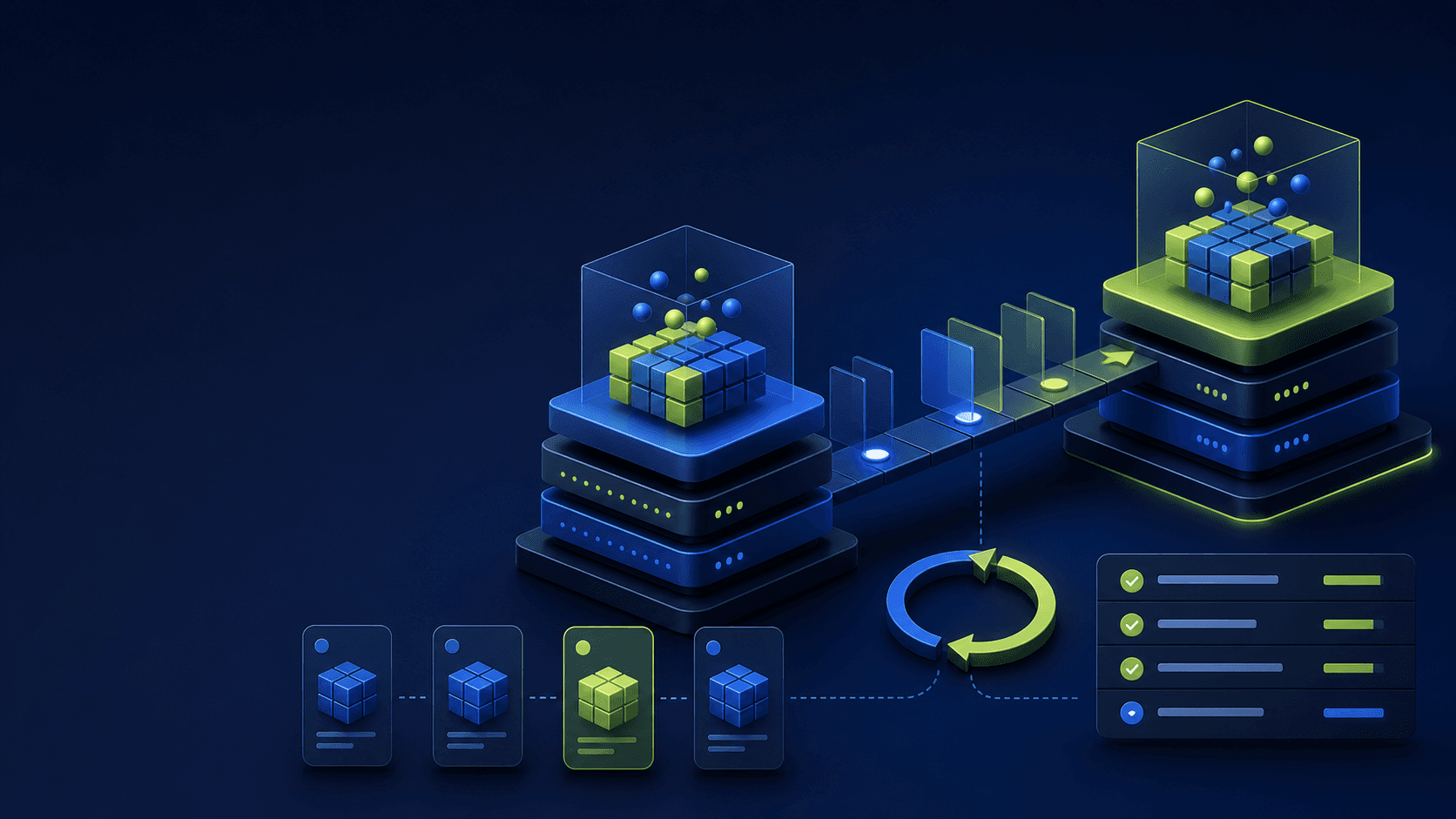 Abstract WordPress PHP upgrade workflow with stacked runtime layers, staging and production platforms, rollback arrows, backup cards, and geometric QA indicators on a dark navy background.