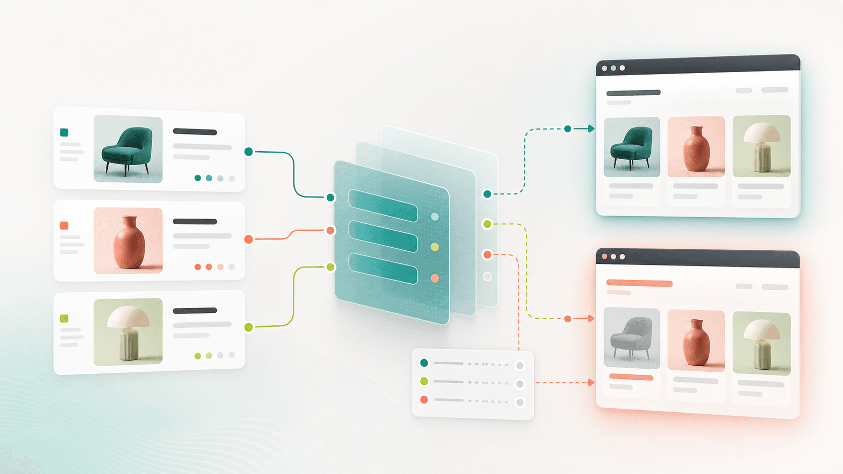 Abstract headless commerce cache QA workflow with CMS product cards, layered cache panels, route lines, and storefront preview windows