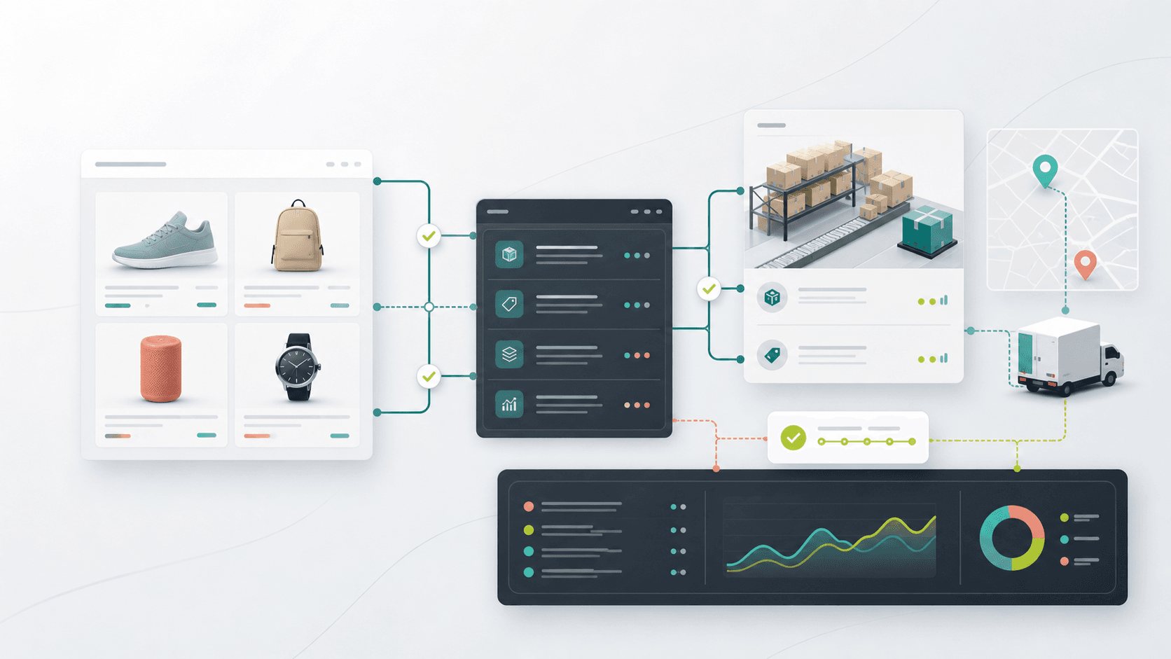 Abstract headless commerce inventory sync QA workflow with product cards, API panels, warehouse shelves, route lines, and status checks