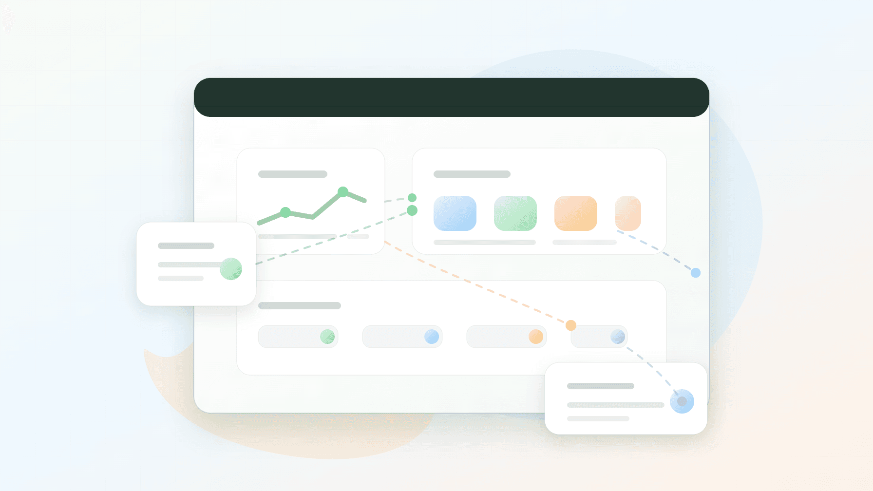 抽象的 Search Console 上线验证仪表盘,包含干净图表面板、URL 检查卡片和站点地图节点,没有可读 UI 文字。