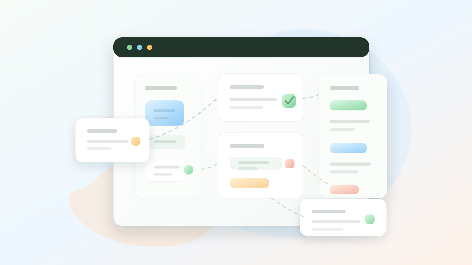 抽象的 Shopify 主题 QA 面板,模块化 app blocks 连接商品页、购物车和追踪面板,没有可读界面文字。