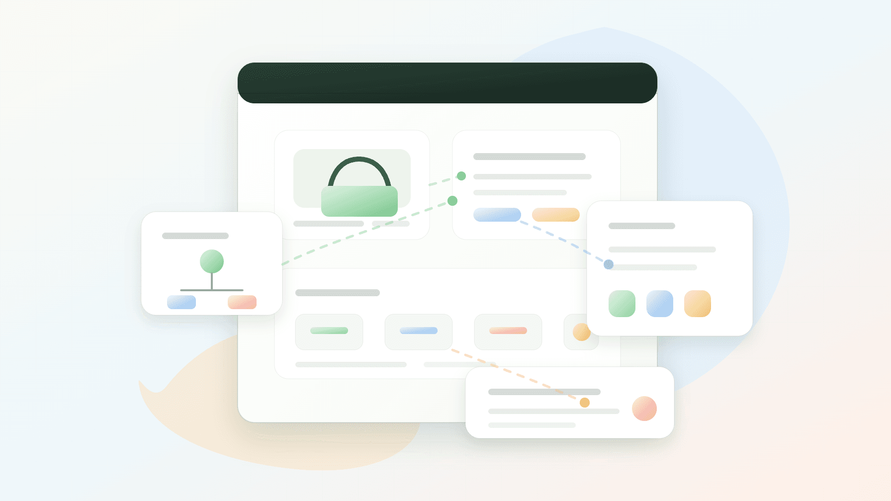 抽象的 Shopify 内容 SEO 工作台,包含商品卡片、购买指南面板、内链路径和搜索结果模块,没有可读 UI 文字。