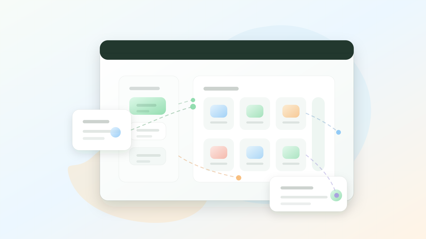 抽象电商筛选面板、商品网格和抓取路径节点,用于 Shopify 筛选导航 SEO QA 检查清单。