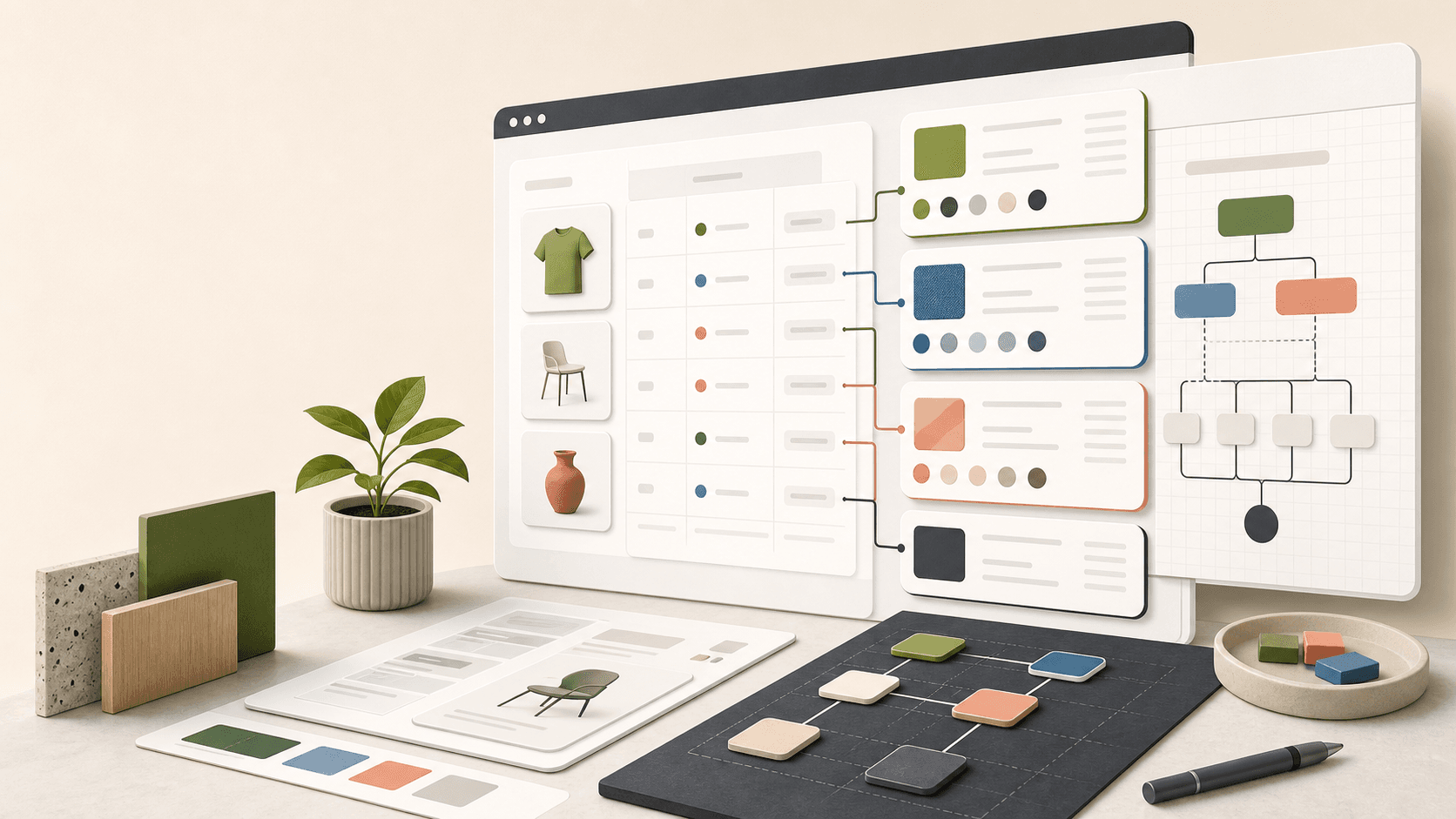 抽象的 Shopify Metafields 规划看板,包含相连的产品数据卡片和结构字段面板