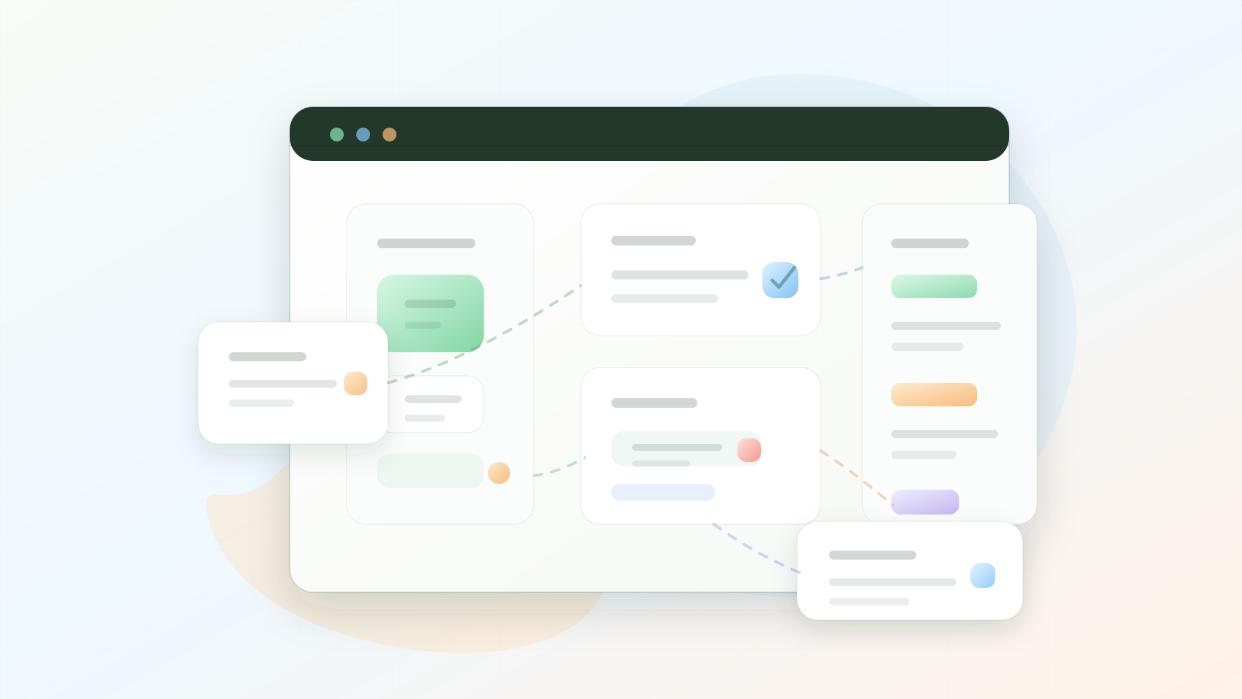抽象的 Shopify SEO 工作流,展示商品状态卡片、库存决策、重定向和干净的验证面板,没有可读的假界面文字。
