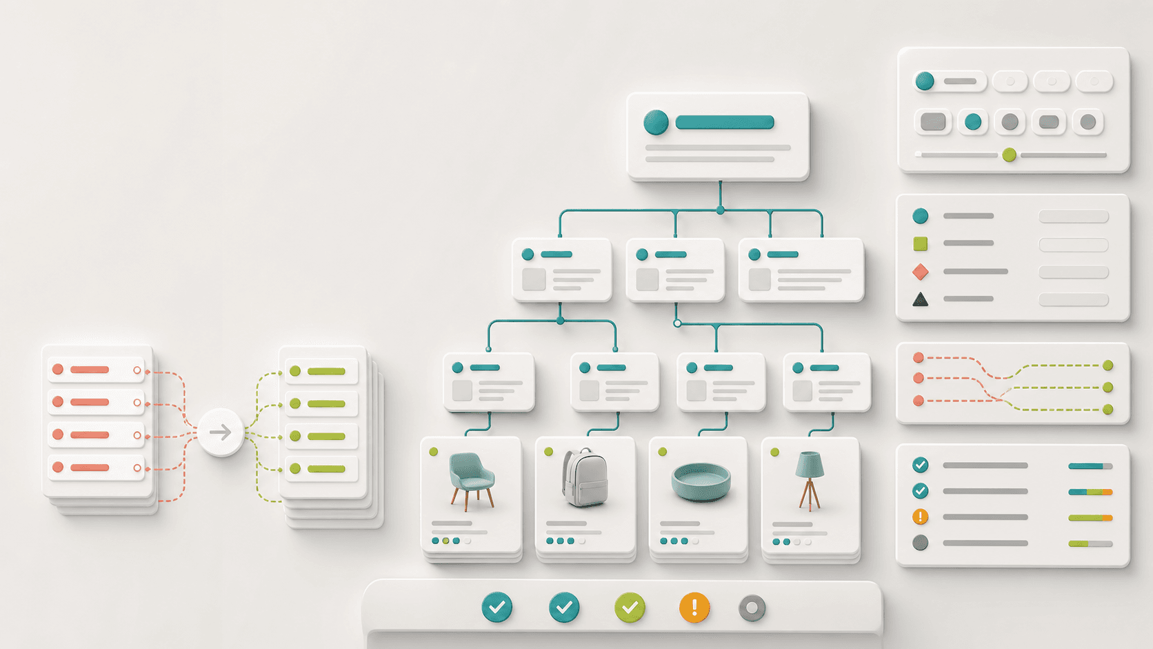 Abstract Shopify product taxonomy migration map with product cards, collection branches, filter panels, redirect paths, and SEO QA status indicators