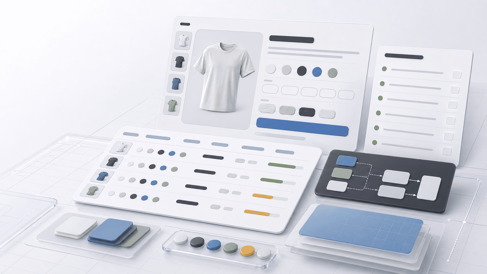 抽象电商界面,展示空白变体选项、SKU 行和 Shopify 重构迁移 QA 面板。