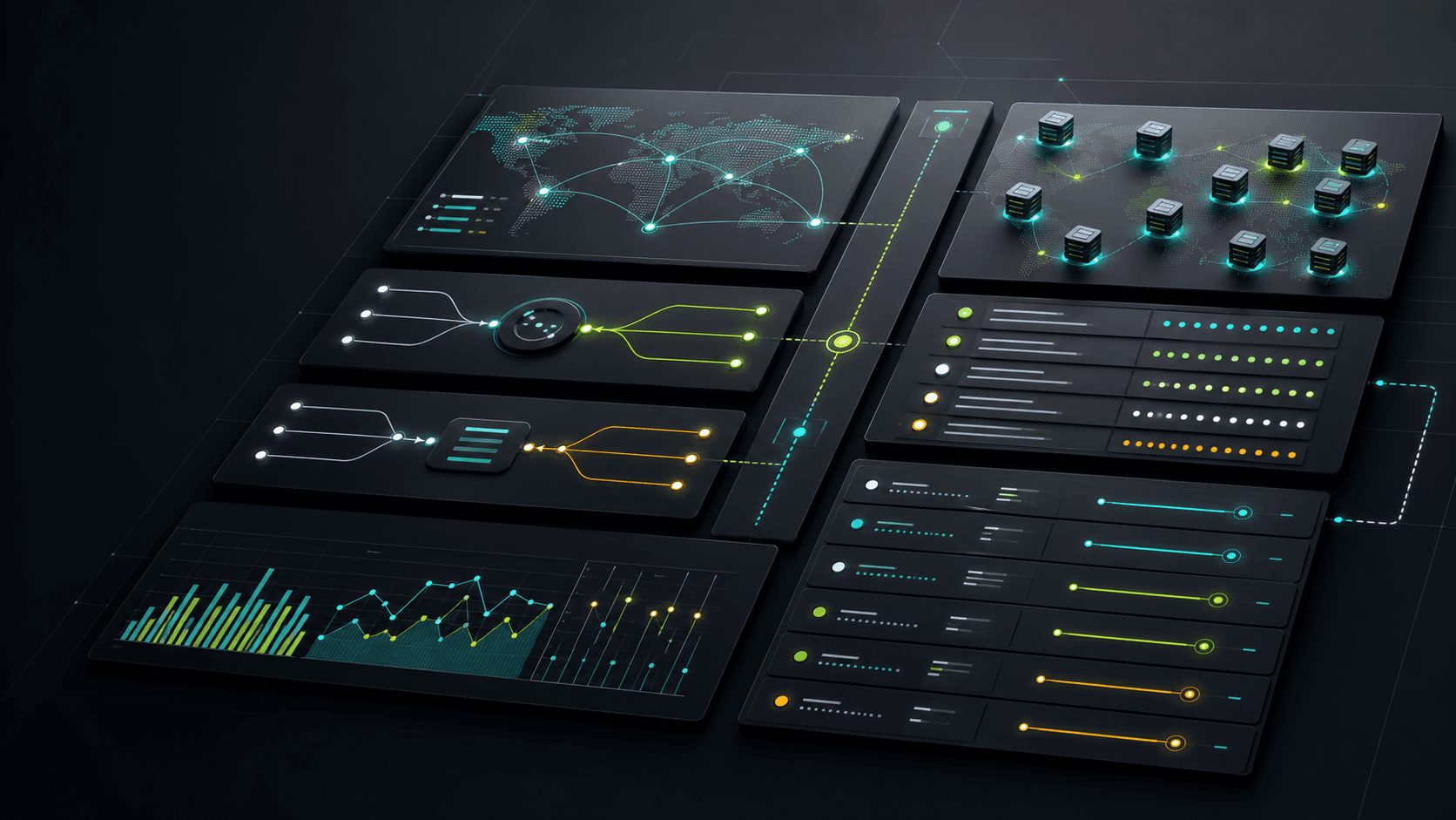 Abstract website launch operations board with DNS routing paths, CDN edge nodes, SSL checks, redirect flows, and uptime monitoring panels
