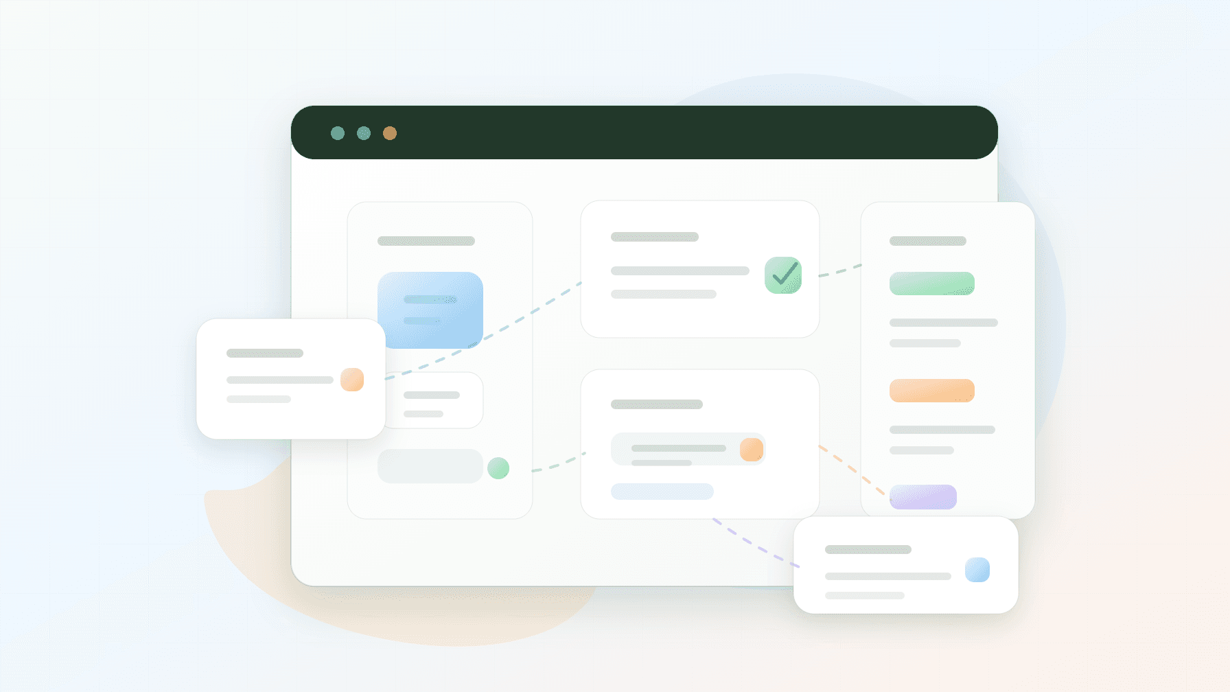 抽象的 WordPress Staging 部署 QA 面板,展示发布关卡、备份层和干净的浏览器界面,不含可读 UI 文本。
