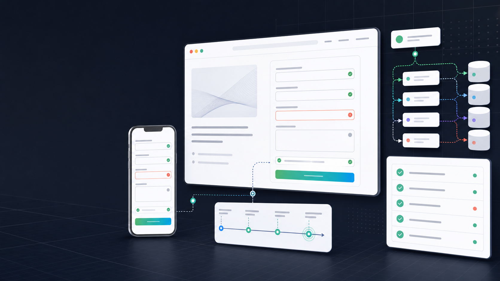 Abstract B2B lead form QA dashboard with desktop and mobile form states, validation checks, analytics markers, and CRM routing cards