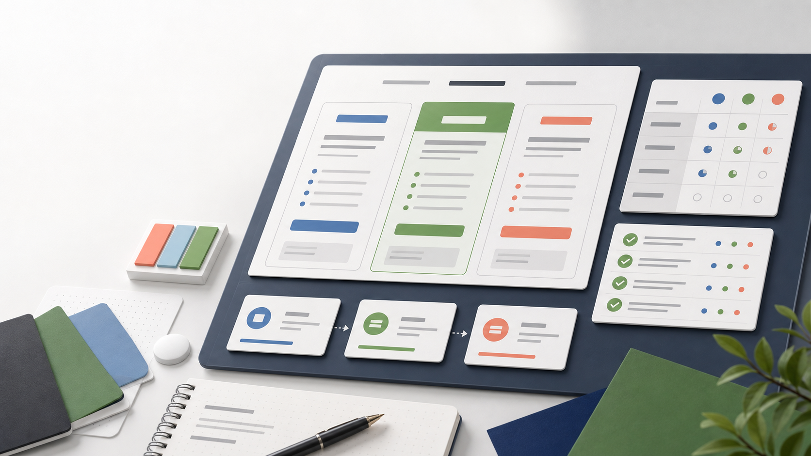 Abstract B2B pricing page planning workspace with pricing columns, decision matrix panels, and QA checklist cards