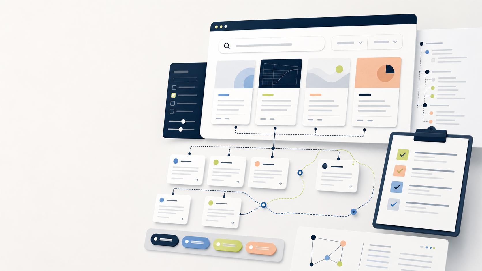 Abstract B2B resource center interface with content cards, filters, internal links, and a launch QA checklist