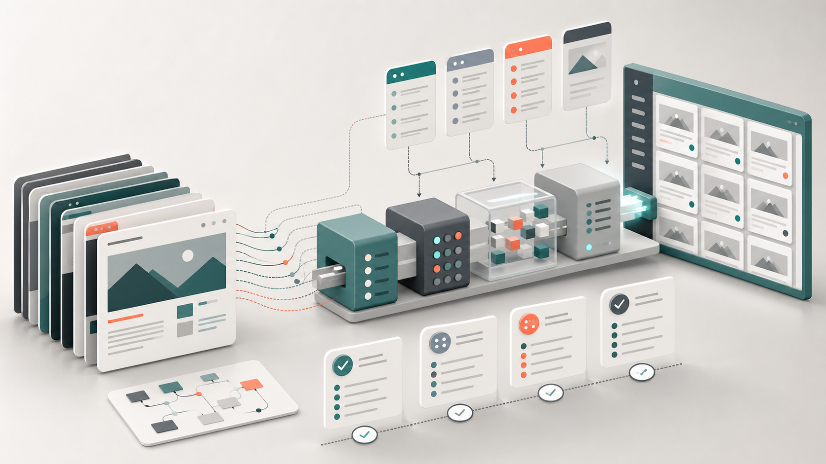 Abstract CMS content migration workflow with page cards, metadata panels, QA checkpoints, and a destination content grid