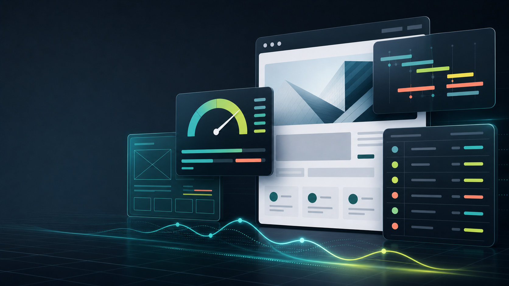 Abstract performance QA dashboard with browser panels, timing bars, and checklist rows for a redesigned website