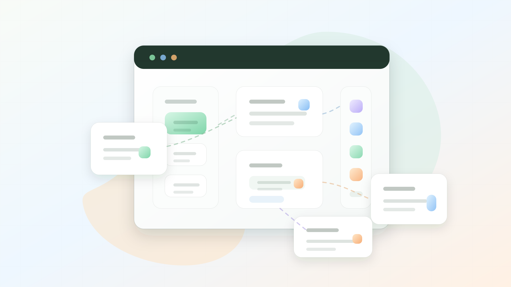 Abstract headless commerce content model diagram with product data cards, CMS modules, storefront panels, SEO fields, and localization connections