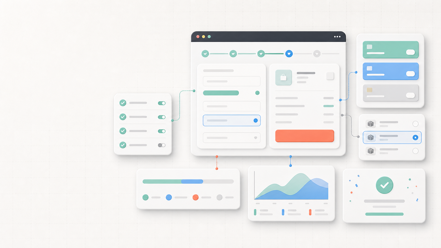 Abstract Shopify checkout QA workspace with checkout panels, payment cards, checklist rows, analytics chart, and order confirmation states