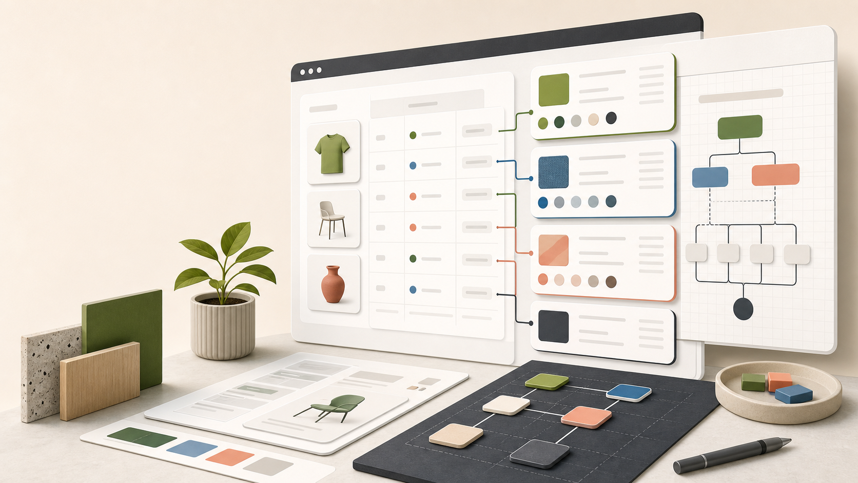 Abstract Shopify metafields planning board with connected product data cards and schema panels