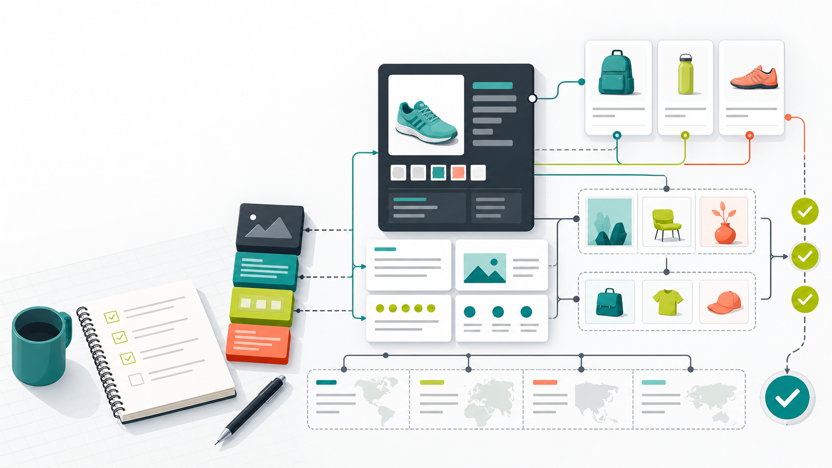 Abstract ecommerce content modeling workspace with reusable product content cards, localization lanes, validation check paths, and no readable UI text.