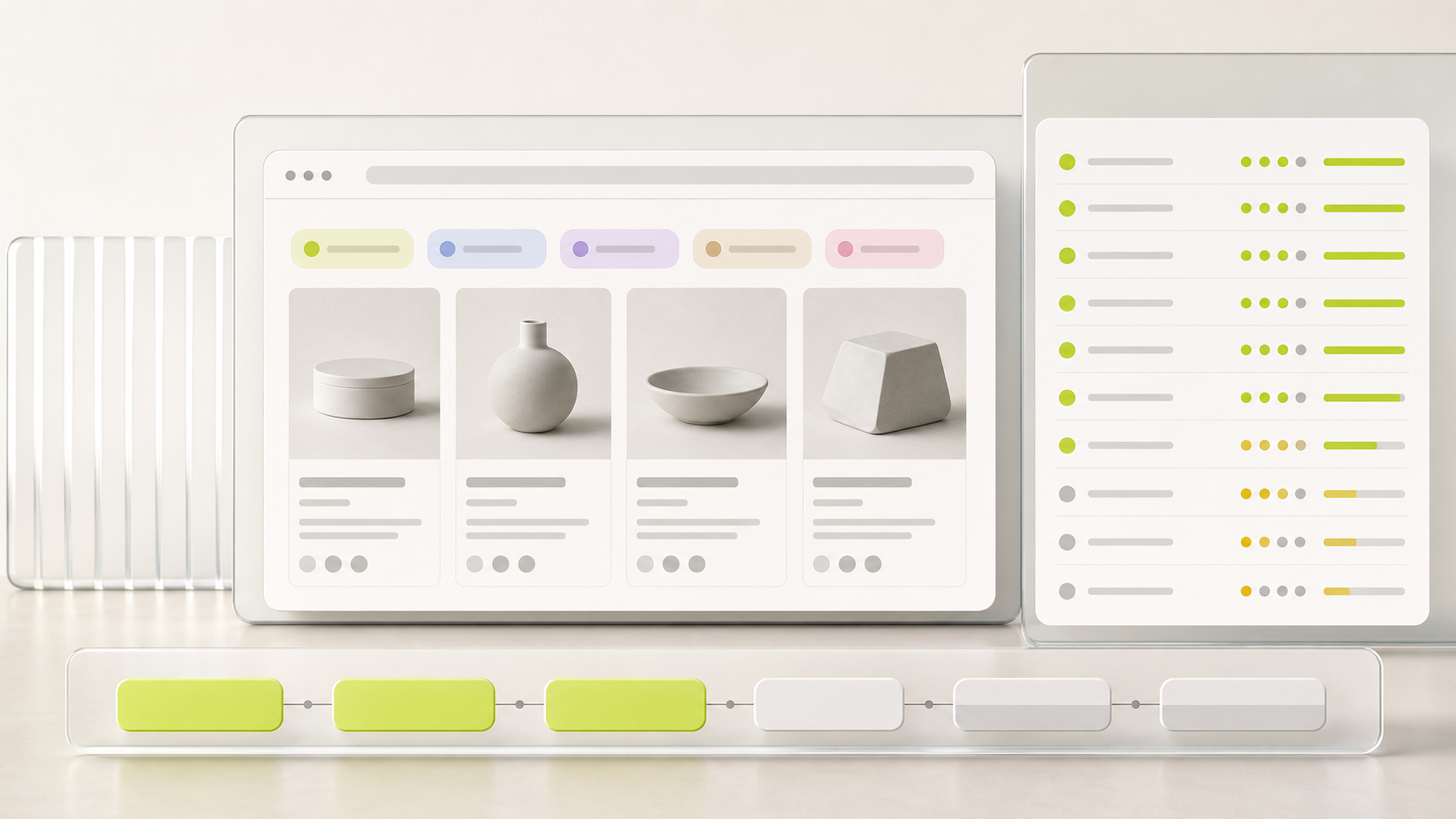 Abstract ecommerce QA interface with blank language panels and launch checklist for a multilingual Shopify store