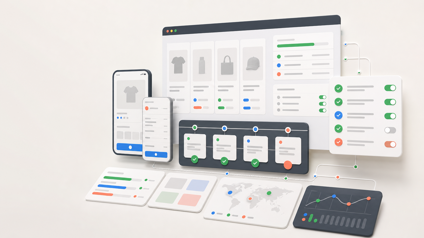 Abstract ecommerce campaign QA board with product cards, checkout states, checklist panels, localization map, and analytics blocks