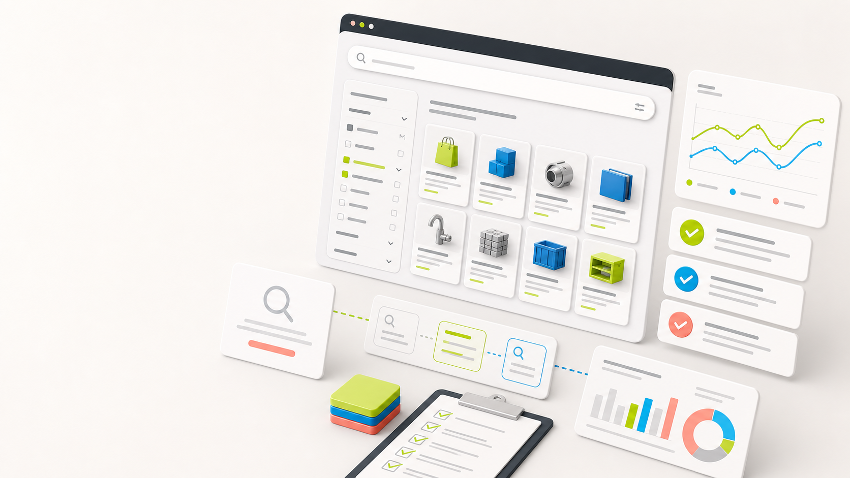Abstract site search QA dashboard with search results grid, filters, checklist cards, and analytics charts for ecommerce and B2B websites