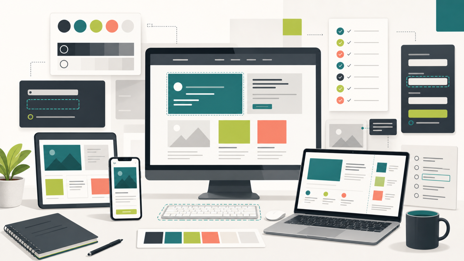 Accessibility QA workspace with website panels, contrast swatches, form checks, and responsive devices