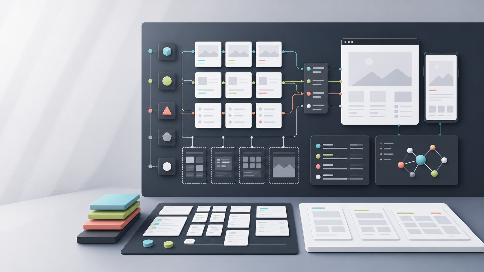 Abstract WordPress custom post type planning board with content cards, taxonomy branches, permalink routes, SEO panels, and responsive template frames