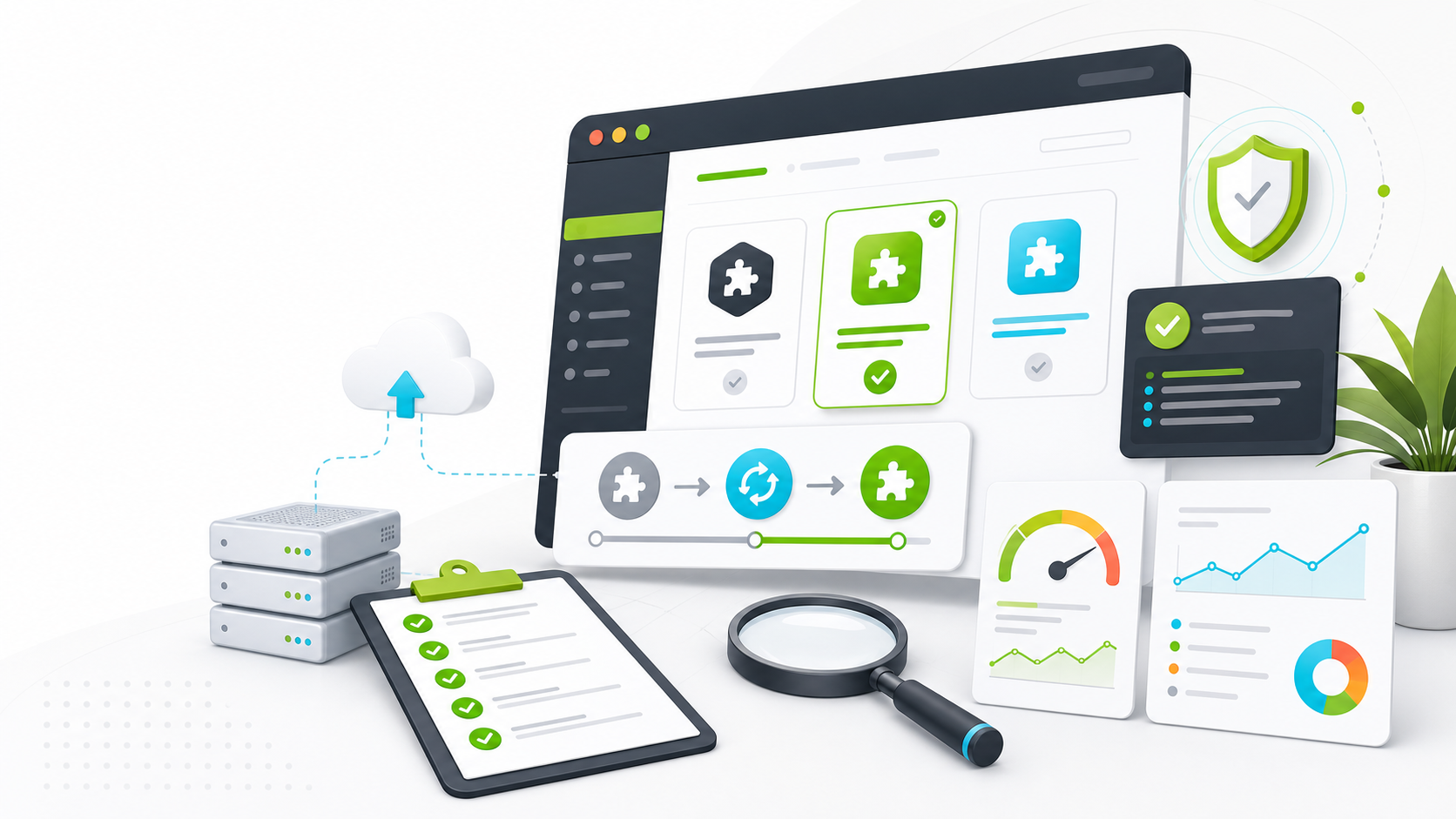 Abstract maintenance QA workspace with plugin cards, an update flow, backup server, checklist, performance chart, and security review panels
