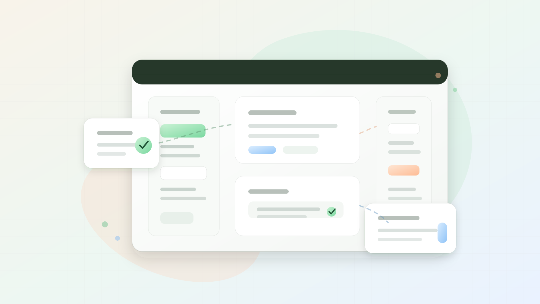 Abstract WordPress theme handoff cover with content editing panels, reusable block cards, QA checkmarks, and maintenance workflow shapes